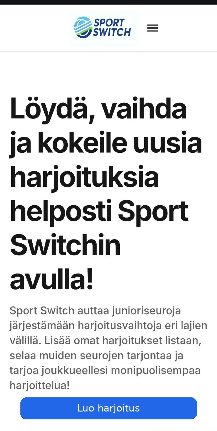 Sport Switch -mobiiliverkkosovelluksen etusivu
