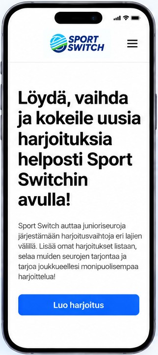Sport Switch -mobiiliverkkosovelluksen etusivu