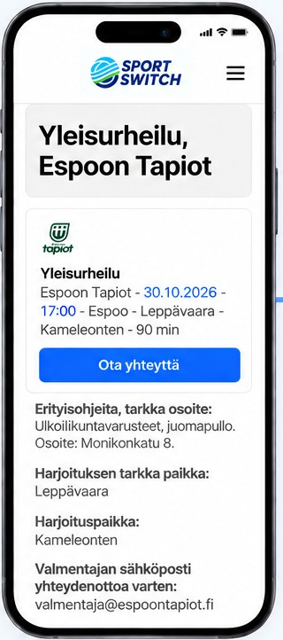 Espoon Tapioiden harjoituksen tiedot sovelluksessa
