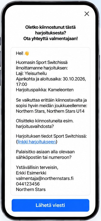 Sport Switch - esimerkkiviesti valmentajalle