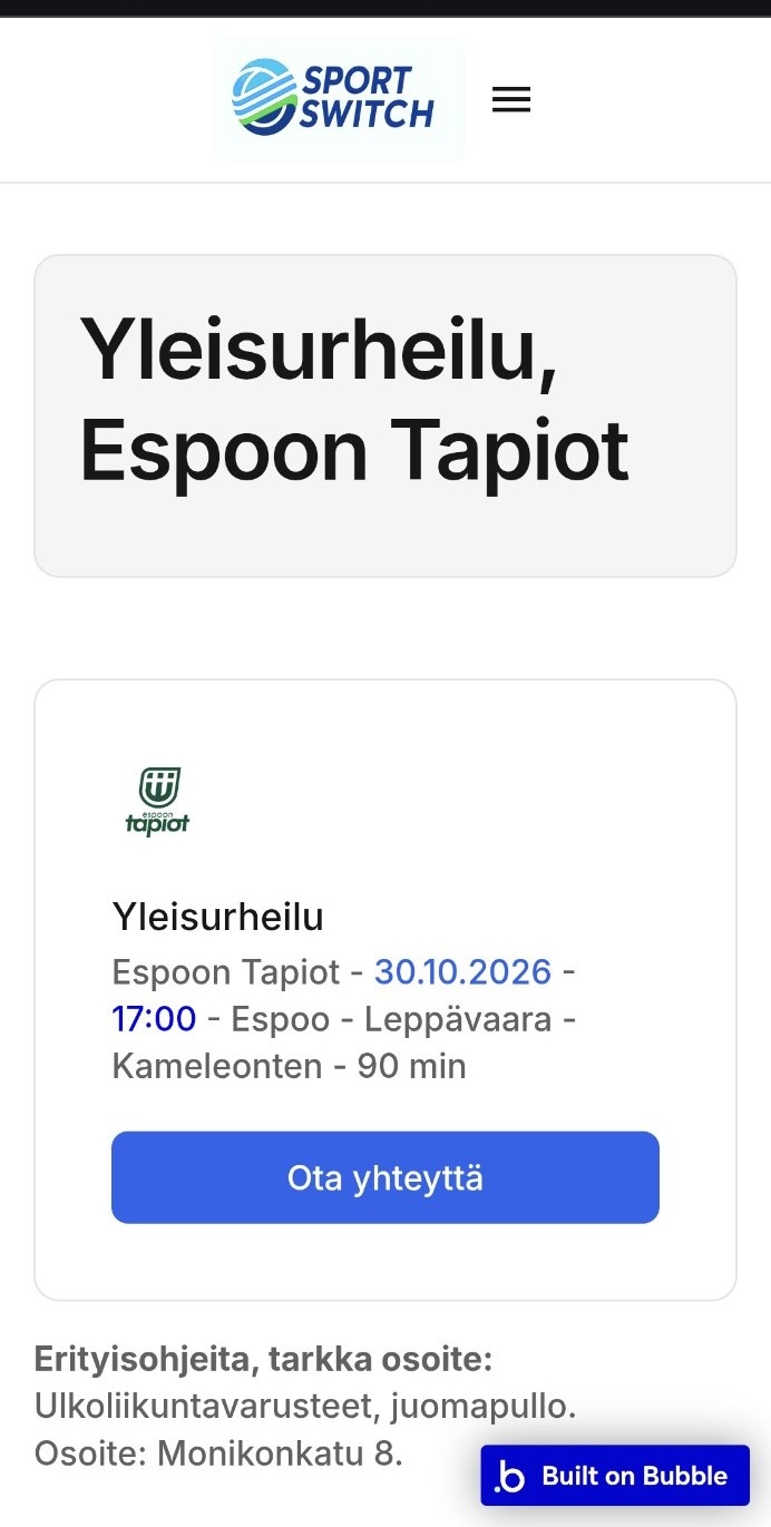 Espoon Tapioiden harjoituksen tiedot sovelluksessa