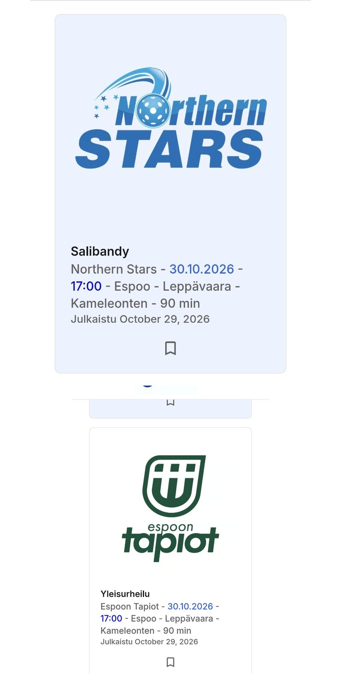 Sport Switchin harjoitusten ilmoitustaulu