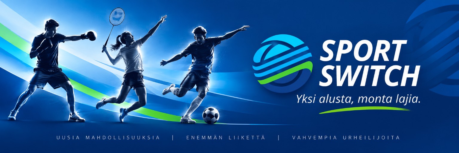 Sport Switch – Yksi alusta, monta lajia. Urheilijoita eri lajeista sinisellä taustalla